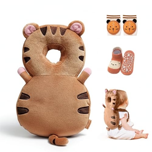 Image of HippoBaby Baby Head Protector Backpack - Toddler Safety Cushion for Crawling & Walking - Infant Fall Protection Pillow with Adjustable Straps - Comes with Knee Pads & Non-Slip Baby Socks (Tiger)