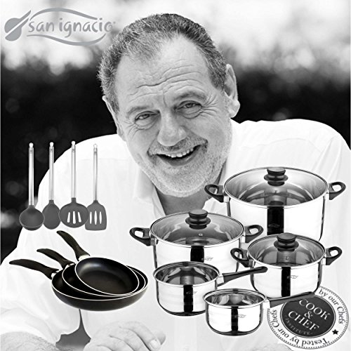 San Ignacio Pk333It Juego De Tres Sartenes Con Batería De Cocina 8 Piezas Y Juego De Utiles, Cromado