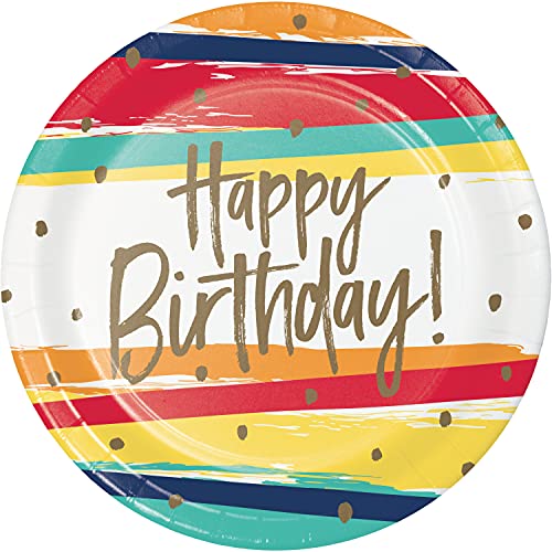 Creative Converting Birthday Stripes Paper Plates, 9", Red, Orange, Yellow, Blue and Green