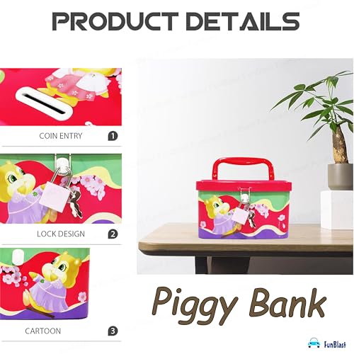 Image of FunBlast Money Saving Tin Coin Bank with Handle, Lock and Key, Piggy Bank for Kids, Gullak for Kid, Birthday Return for Boys & Girls, Money Bank, Coin Box (B-Multicolor)