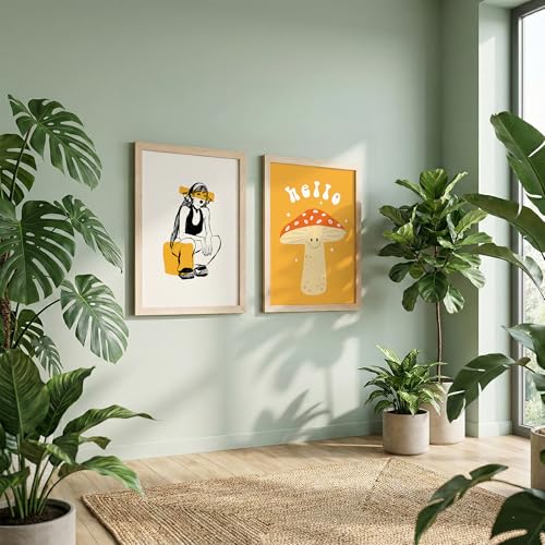 Image of NoWorries Aesthetic Pop Art Wall Framed Painting Set | Girl Illustration & Cute inchHello inch Mushroom Art Prints | Premium 300 GSM Paper Print with Synthetic Wooden Frames | Modern Abstract Wall Decor for Living Room, Bedroom & Office (Set of 2) (NATURAL, ART-1, 10X13INCHES)