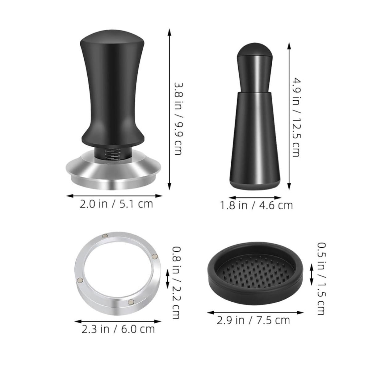 GALPADA Edelstahl Espresso Kaffeestampfer Satz mit Präzisem Dosierring und Nadelverteiler Silikonmatte Kompatibel mit Espressomaschinen Einfache Reinigung Schwarz