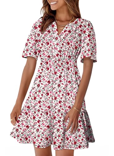 Image of Dokotoo Womens Summer Dresses 2026 Boho Floral Short Sleeve V Neck Smocked Waist Casual A-Line Swing Mini Dress Sundress