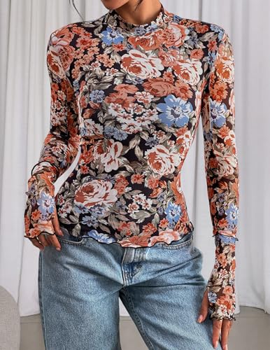 PRETTYGARDEN Womens 2025 Fall Mesh Floral Blouses Long Sleeve Going Out Tops Slim Fitted Shirts Date Night Outfits2
