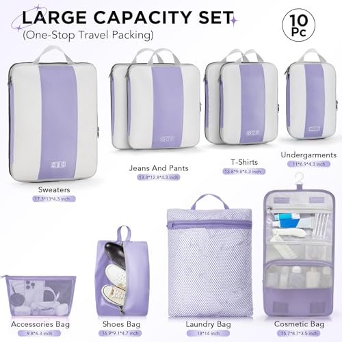 Image of OlarHike 10-Pack Compression Packing Cubes for Travel Essentials,Compressible Expandable Packing Cubes for Suitcase,Luggage Garment Bags for Travel,Handy Helper for Organizing Clothes(Purple Gray)