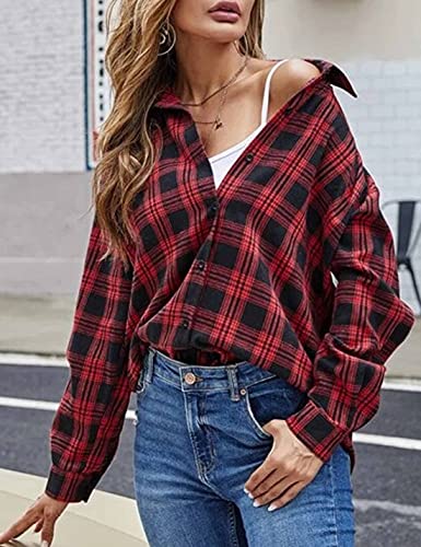 Image of HangNiFang Womens Flannel Plaid Shirts Oversized Button Shirts Blouse Tops