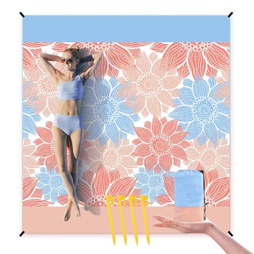 CRAZY SHARK Beach Blanket Sandproof, Extra Large 210 x 200cm Waterproof Beach Mat, Portable Lightweight Outdoor Picnic Mat with 4 Fixed Nails, Reinforced Edging for Beach, Camping, Hiking, Picnic