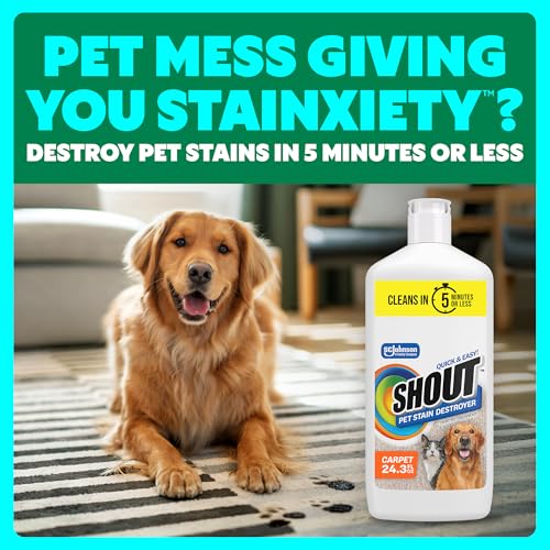 Image of Shout Pet Stain Remover, Color-Safe Rug, Upholstery & Carpet Cleaner Solution for Dog & Cat Urine, Feces, Vomit & Mud, Fights Odors & Remarking, Fast-Acting Cleans in 5 Minutes or Less, 24.3oz