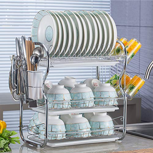 Escurridor de platos de acero inoxidable, estante de 3 niveles que ahorra espacio para drenar platos, tazas y cubiertos