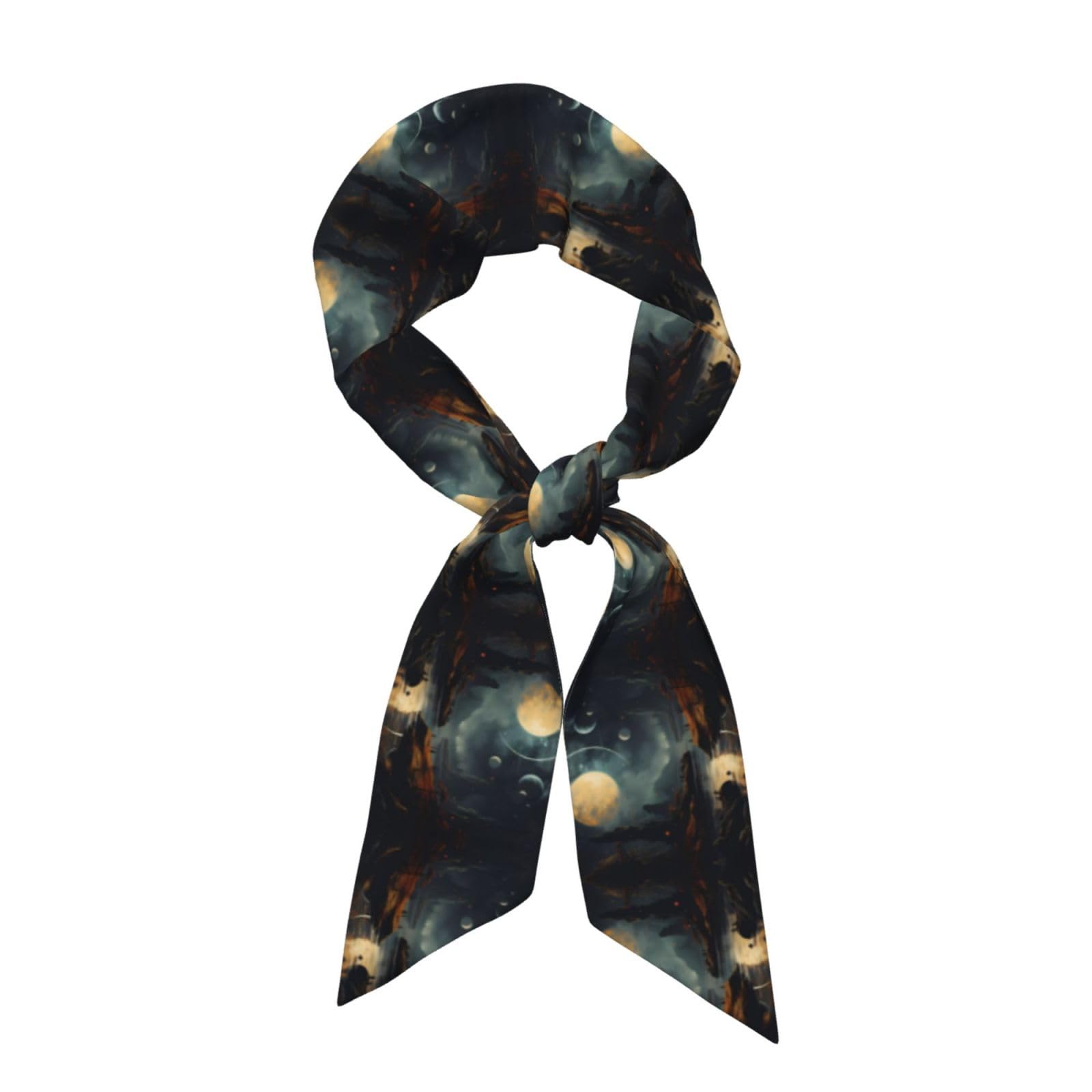 WZYWHJ Moon Stars and Planets Picture Silk Scarf for Women 46.9 * 3.1 In Headband, Black, One Size, Black, One Size