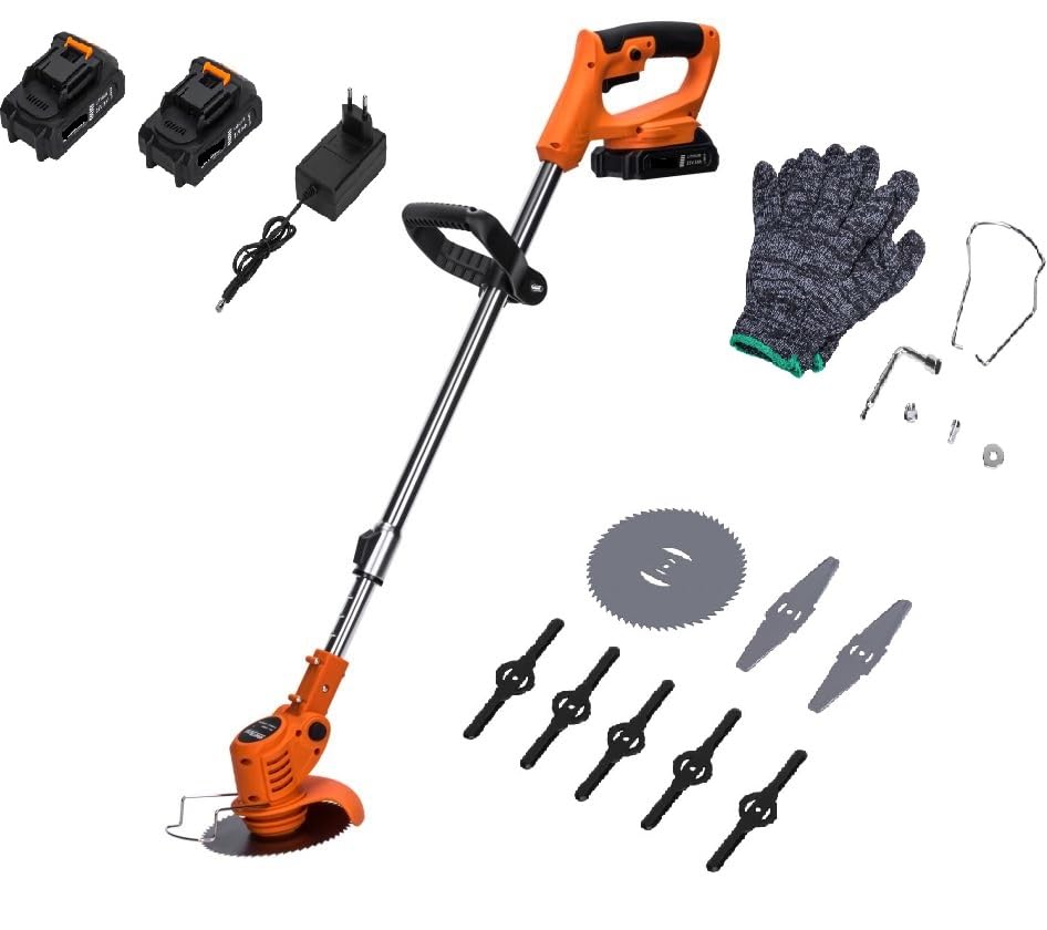 Decespugliatore a Batteria Tagliabordi Elettrico 1000W Tagliaerba con 2 Batterie 3000 mAh 3 Tipi lame, Altezza e Angolazione regolabili, Per Il Taglio Di Giardini, Prati E Terreni