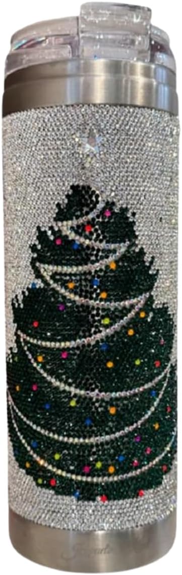Jacqueline Kent 20 Ounce Stainless Steel Tumbler with Straw, Christmas Tree Silver, Crystal Embellished