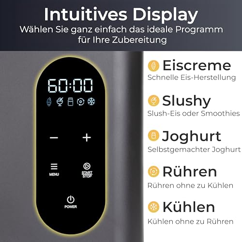 KLAMER 3-in-1 Eis-, Slush & Joghurtmaschine 1,5 L, 150 W Eiscrememaschine aus Edelstahl mit Kühl- & Heizfunktion, hausgemachtes Speise-, Slusheis mit selbstkühlendem Kompressor, Joghurtbereiter – Bild 4