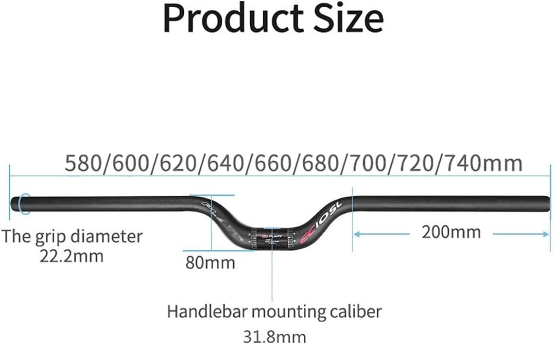 Manillar para Bicicleta de montaña MTB de 31,8 mm, Ligero, de Fibra de Carbono, con Elevador/Barra para Bicicleta de montaña de 580/600/620/640/660/680/700/720/740 mm de Largo (600