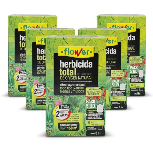FLOWER x5 Herbicida Total Ecológico Origen Natural 750 m² | Elimina Malas Hierbas y Musgos | Alternativa Glifosato | Resultados 2 Horas | 1250ml + Dosificador Diluir 25L Agua | Súper Concentrado