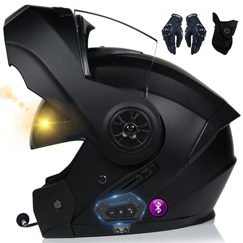 Casco De Moto Modular Bluetooth, ECE Homologado, con Doble Visera, Carcasa De Alta Resistencia, Diseño Liviano, Adecuado para Hombres Y Mujeres Adultos, Guantes Y Máscara Gratis