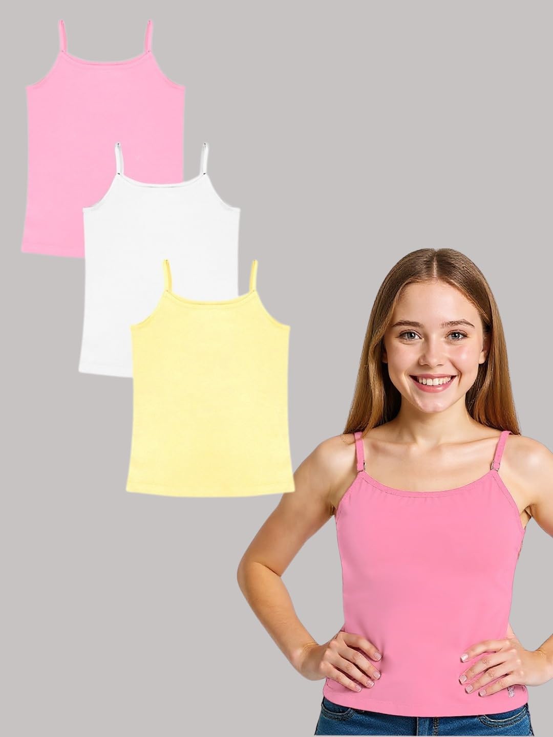 A.T.U.N. (ALL THINGS UBER NICE) Girls Premium Padded Cotton Camisole (Pack of 3) | Soft & Breathable Innerwear Slip for Preteen and Teen Girls | Stretchable Everyday Essential | Ages: 8-18Y