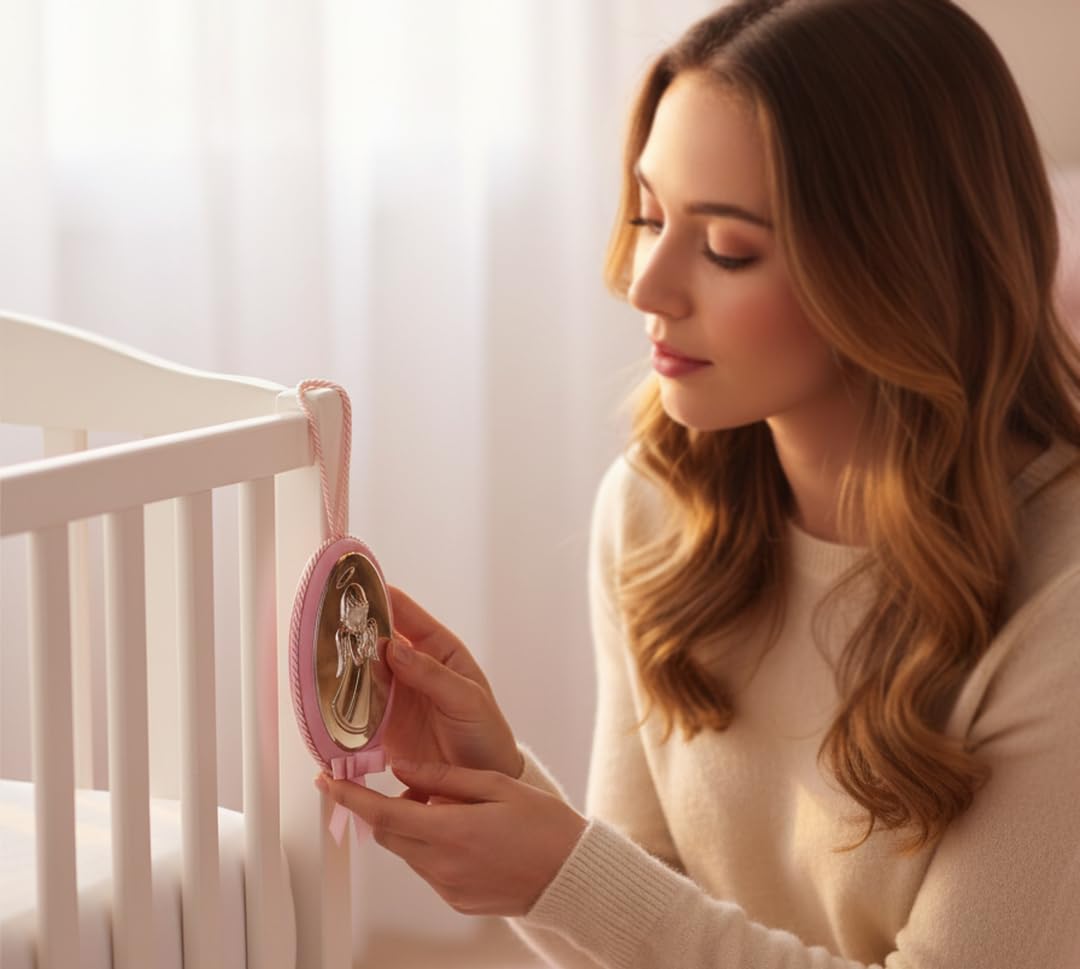 Medaglione Musicale Capoculla Sopraculla Ovale con Angelo in Argento, Personalizzabile con Incisione del Nome, Idea Regalo per Nascita o Battesimo da Appendere alla Culla del Neonato Rosa