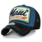 ililily Maui Embroidery Patch Casual Mesh Baseball Cap Distressed Trucker Hat, Blue Green