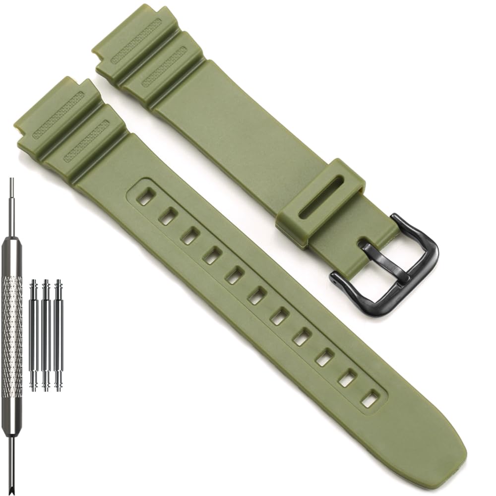 F108WH Series Men's Rubber Strap Compatible with Casio A158WA AE1200WH A168WA W800HG MRW200H W218H Watch Band MilitaryGreen Band Black buckle