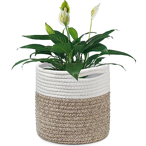 Tenn Well 20 cm Indoor-Topf für Pflanzen mit Einsatz, Baumwolle gewebter Aufbewahrungskorb große Blumentöpfe für Zimmerpflanzen, Blumentopf, Wäsche-Organizer und Heimdekoration (Weiß und Khaki)