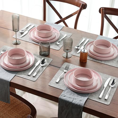 GBHOME Geschirrset für 4 Personen, 12-teiliges Steingut-Set mit gesprenkeltem Design & glasiertem Boden, kratzfest & splitterfest, spülmaschinenfest & mikrowellengeeignet,Rosa