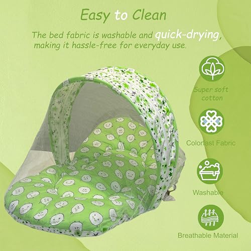 Image of Fareto Combo of Baby Bed with Net | Carry Bag | 4 Pcs Bedding Set (0-6 Months, Baby Size, Cotton) (Green Sheep)