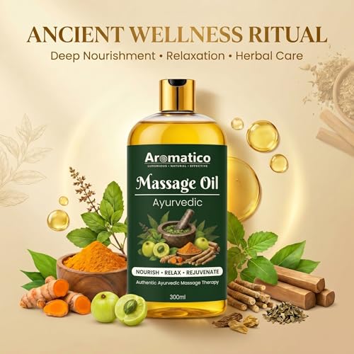 Image of AROMATICO Ayurvedic Massage Oil - Herbal Massage Oil with Traditional Ayurvedic Herbs, Almond & Sesame for Muscle Relaxing, Stress Relief & Daily Abhyanga | 300ml