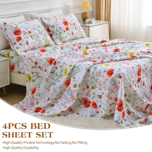 Image of MUXHOMO Queen Size 4 Piece Sheet Set, Soft & Breathable Sheet Set for Bedroom with Deep Pocket Up to 16 inch, Wrinkle-Free & Cooling Bed Sheet with Flat Sheet, Fitted Sheet & Pillowcases - Spring Flower