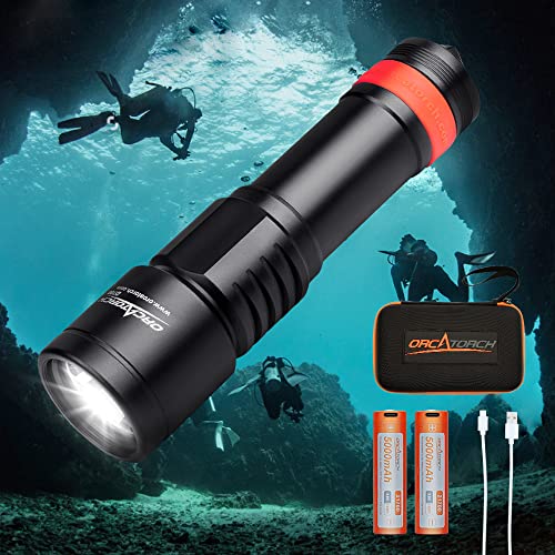 ORCATORCH D700 Scuba Dive Light, 1700 Lumens Mechanical Head Twist Switch Underwater Flashlight with 6 Degrees Narrow Beam, IP68 Waterproof Night Dive Torch, 2Pcs 21700 Rechargeable Battery Included
