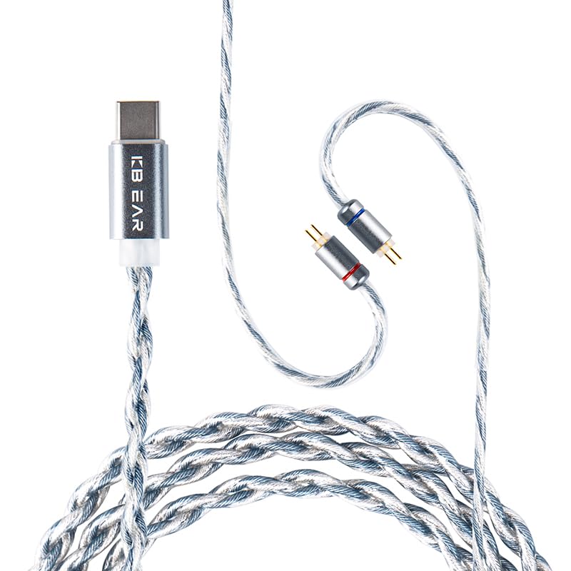 KZ ZS10 Pro IEM Cable, Type-C USB C Earbuds Cable, KBEAR 5N OFC Silver-Plated in Ear Monitor Cords for ZS12 PRO X, ZSN PROX, EDX PRO, ZAR, Castor, ZAS, CCA CRA (2Pins without Mic, Blue Silver, 1.2m)