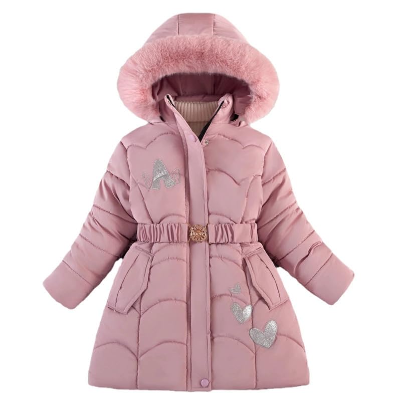 Veste d'hiver pour fille - Parka à capuche rembourrée avec capuche amovible, col en fourrure, poches ceinture - Manteaux d'école chauds pour filles de 3 à 12 ans