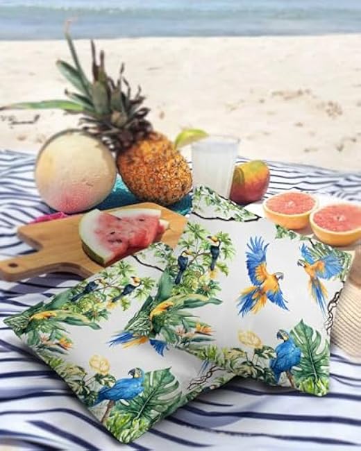Waterproof Pillow Covers Pack of 2, Parrot Toucan Tropical Plant Outdoor Pillow Protectors with Zipper Pillowcases for Patio Tent Garden Beach, Green Banana Leaf Animals Square, 18X18