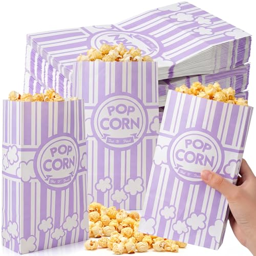 Image of Leinuosen 200 Pcs Paper Popcorn Bags Bulk 2 oz Large Flat Bottom Boxes Disposable Container Sleeve Movie Night Popcorn Bucket for Retro Movie Themed Party Carnival Supplies (Light Purple)