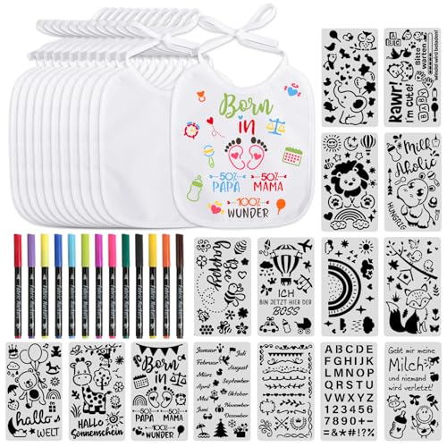 BOOMTOP 12 Baby Lätzchen zum Bemalen Babylätzchen Baumwolle mit 15x Malen Schablonen 12x Textilstifte Babyparty Deko Spiele Wasserdicht Lätzchen für Babys Junge Mädchen Babyshower Tiere Malvorlagen