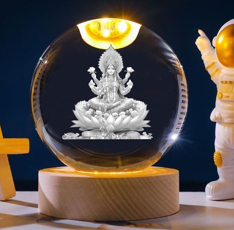 MACVL5 Lord Laxmi MATA Crystal Ball Night Light | Transparent Crystal Lord Laxmi MATA Idol for Home, Office & Hotel