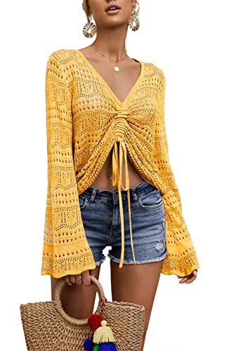 Image of Saodimallsu Womens Boho Off Shoulder Sheer Crop Tops Bell Sleeve Flowy Oversized Crochet Ruched Pullover Sweaters