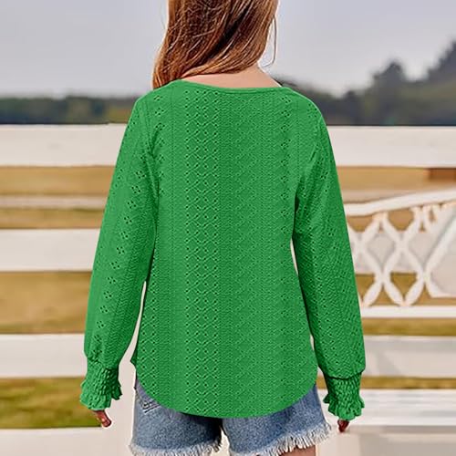 Eyelet Blouse for Girls Dressy Casual Crewneck Long Sleeve Shirts Ruffle Hollow Out Crochet Lace Tops Fall Clothes 6-15T4