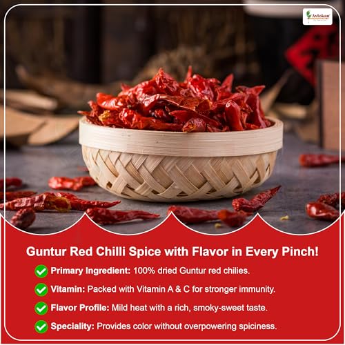 Image of Avlokan Guntur Red Chilli Whole with Stem - 100% Natural, Hot & Spicy Dried Red Chilli | Guntur Sabut Lal Mirch Guntur Withstem Red Chilli, 500 grams