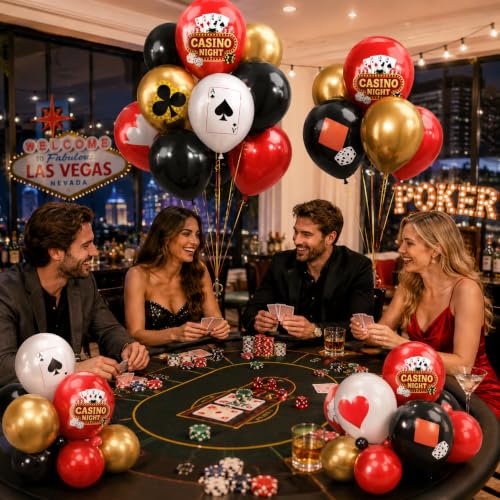 Image of HILAVO Casino Balloons 12 Inch Dice Poker Casino Theme Balloons Red Black Gold Poker Latex Party Balloon for Game Night Las Vegas Themed Birthday Party Decoration
