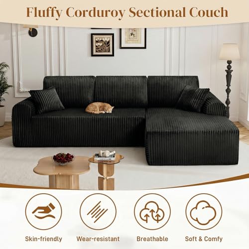 Image of 110 inch L Shaped Boneless Sectional Couches for Living Room, Comfy Corduroy Floor Cloud Sofa with Chaise, Wide Armrest, Deep Seat, Memory Foam, Assembly Free, Ideal for Small Spaces, Black