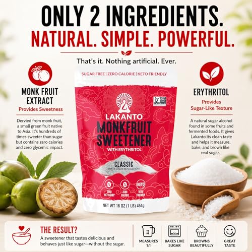 Image of Lakanto Monk Fruit Sweetener With Erythritol, White Sugar Substitute From Monk Fruit Extract, Classic White Sugar Replacement for Baking, Coffee & Tea, Gluten Free, Low Carb, Non GMO, Keto, 1 LB Bag