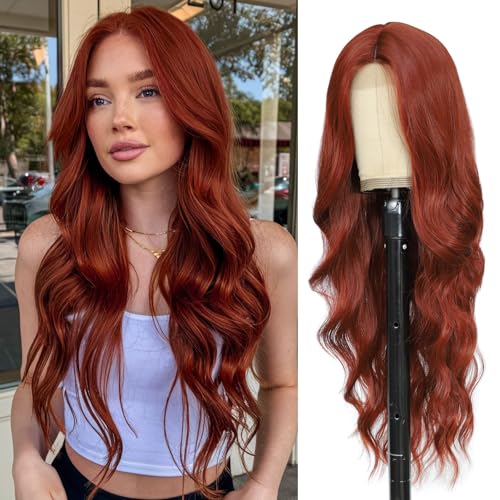 Long Auburn Wavy Wig for Women 26 Inch Auburn Middle