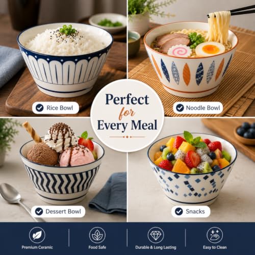 Image of Ceamic Bowl Set of 4 - Microwave Safe Dinner Bowls, BPA & Lead-Free Stoneware Serving Bowls,Chip Resistant Floral Bowls for Snacks, Rice, Fruits & Salad, Elegant Kitchenware for Dining Gifting