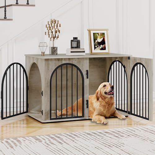 Hzuaneri 100cm Cage pour Chiens, Table d’Appoint, Niche Moderne pour Chiens Intérieur, Cage Chien de Taille Moyenne, Maisonnette pour Animaux, 3 Portes, Porte...