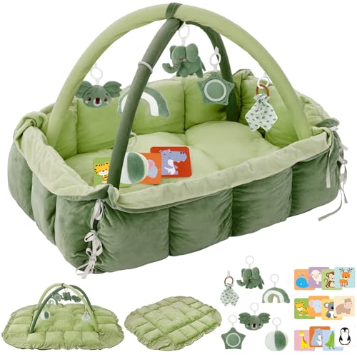 Image of 5-in-1 Plush Baby Play Gym, Baby Play Mats, Convertible Baby Gym, Tummy time mat, 6 Sensory Toys, Activity Center, Ball Pit, Green