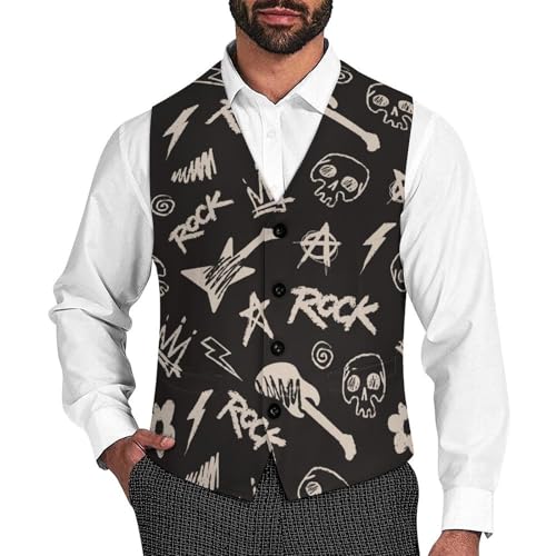 Rock Music Themed with Skulls Men's Suit Vest Slim Fit V-Ncek Waistcoat Business Casual Vest