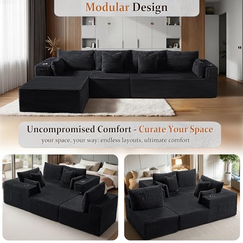 Image of 138 inch Oversized Cloud Sectional Couch, Comfort L Shaped Boneless Couch for Living Room, Extra Deep Seats No Assembly, Minimalist Modular Sofa, Corduroy (Black, 3 Seater+Left Facing Chaise)