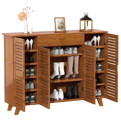 angelfanmily Armario Zapatero de Bambú con Cajón | Mueble Zapatero con 4 Puertas de Persianas y 5 Niveles | Organizador de Entrada Compacto para Espacios Pequeños 126x33x90cm