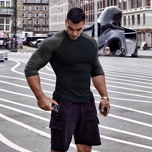 Mens Muscle Cut Raglan T Shirts with 3/4 Sleeve Fitness Workout Tops2